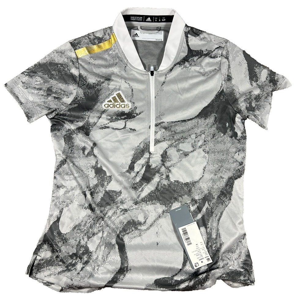 Adidas Womens S Gray Camo 1/4 Zip Aeroready Sport Performance Polo T-Shirt NWT